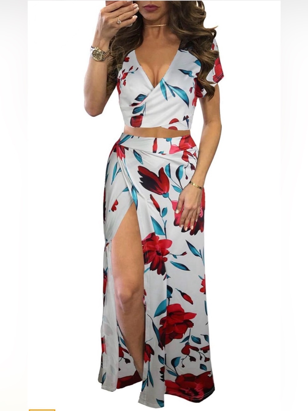 2 Pc Outfit Summer Floral Beach Wrap Tie Crop Top Slit Skirt Long Maxi Sexy S